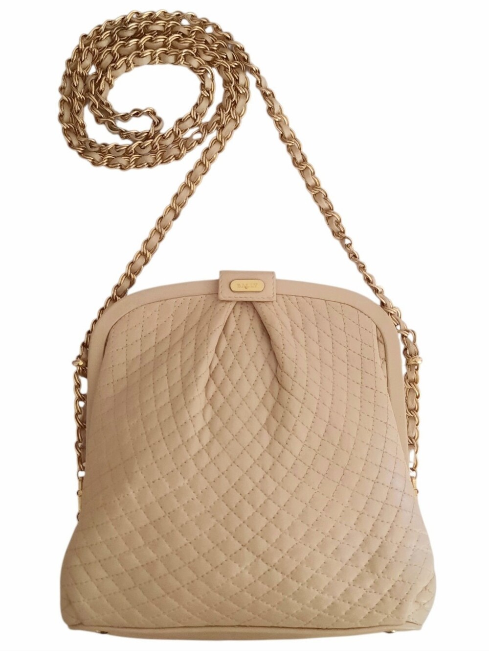 Vintage BALLY Beige Quilted Lambskin Leather Frame Bag w/Gold Chain Crossbody